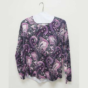 Ladies Cable & Gauge Knit Purple Paisley Sweater